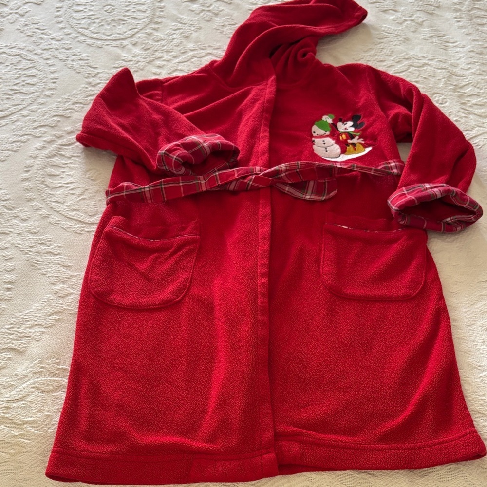 Gently Loved Red Hooded Robe with Embroidered Snowman & Vintage Mickey “Unisex”